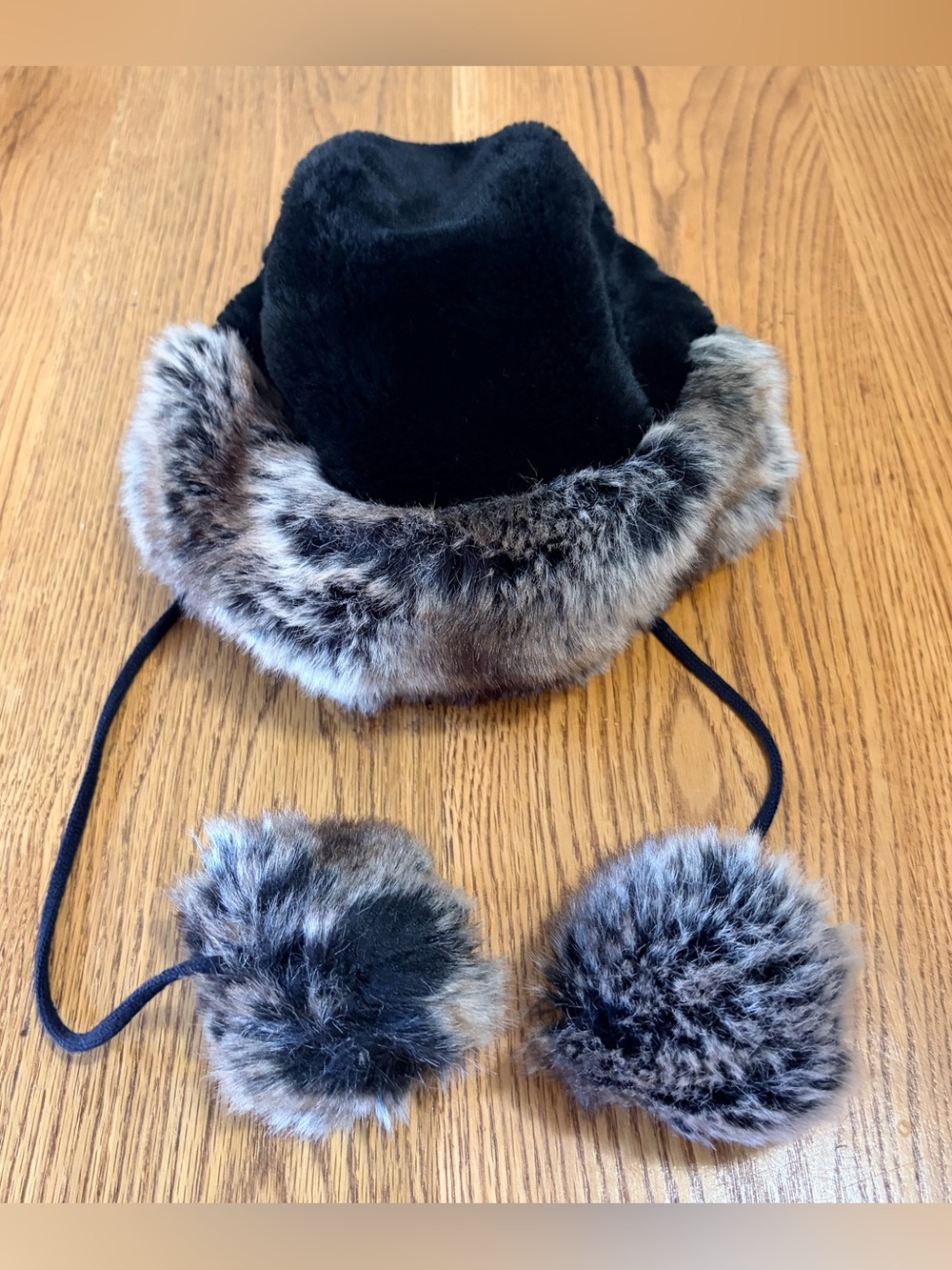 Preston & York Black Faux Fur Trapper Hat with Gray Pom-Pom Tassels